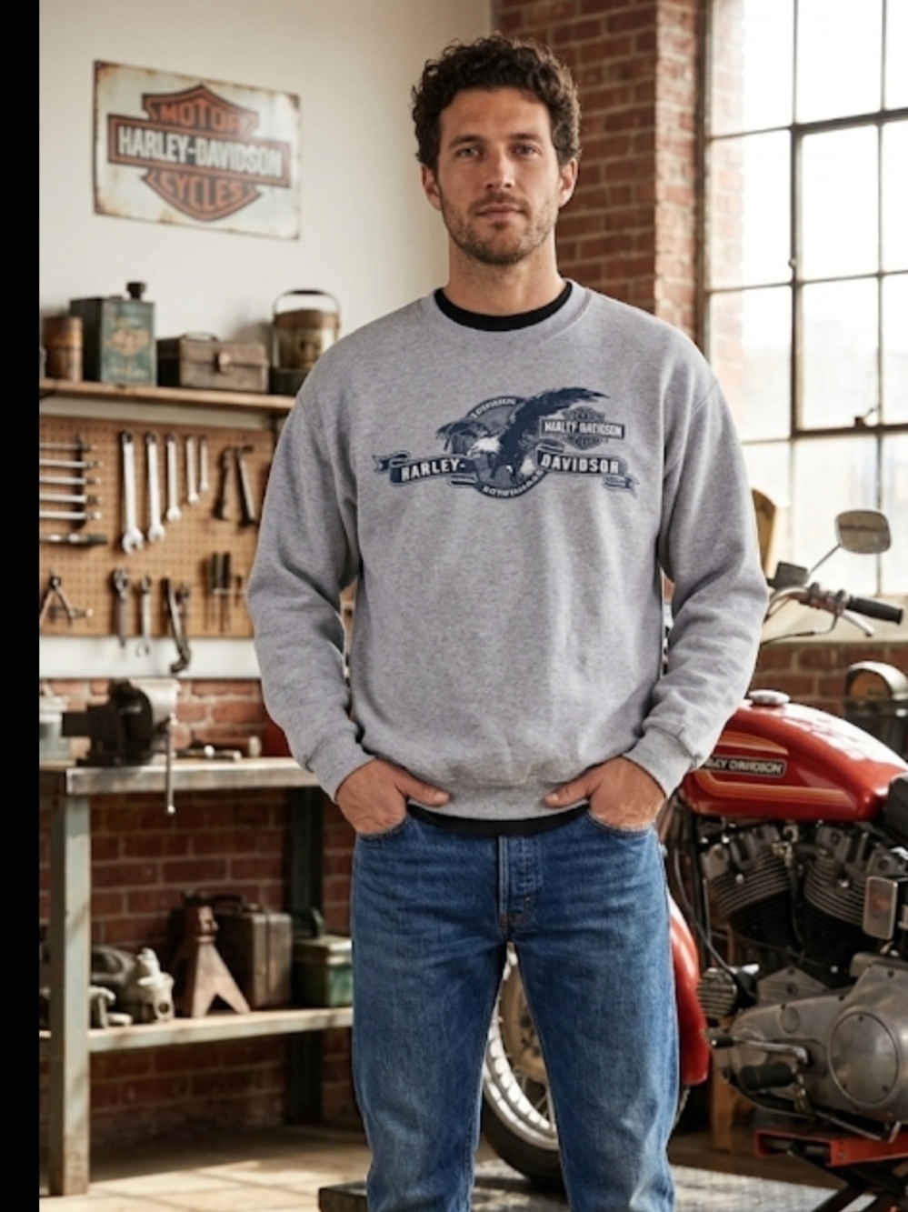 Harley-Davidson Gray Crewneck with Navy Eagle Graphic